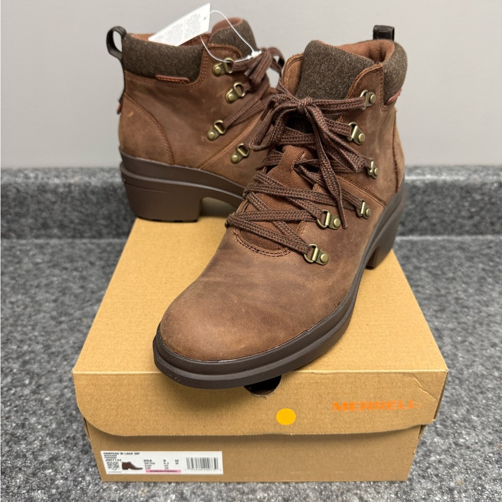 NIB Merrell Chateau III Women Brown Leather Waterproof Boots Lace/Side Zip Sz. 9